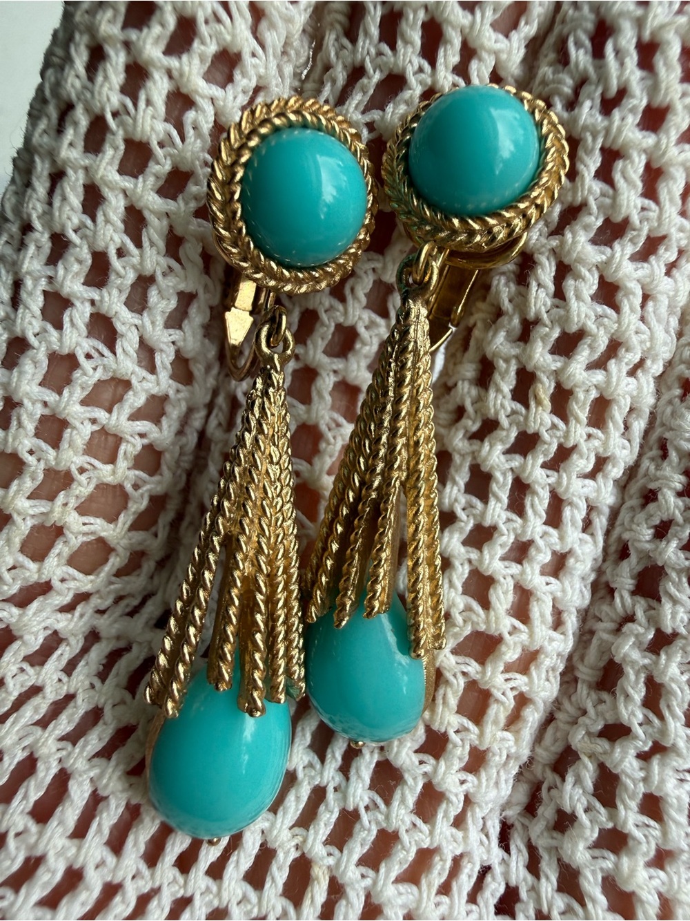 VIntage Art Deco Turquoise Starburst Earring Lucite Cabochon Gold Signed Avon